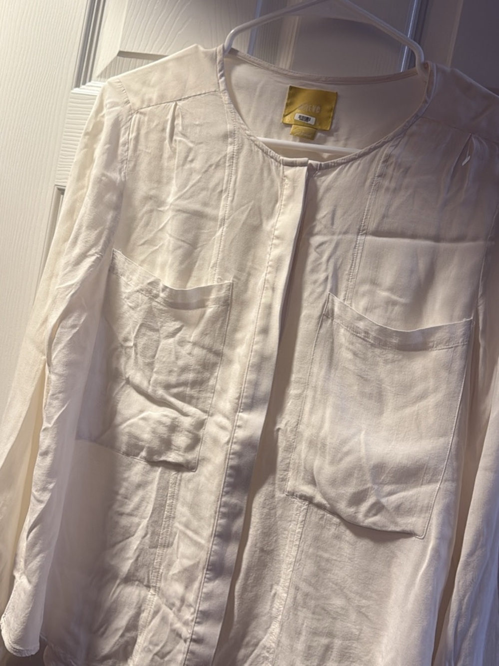 Anthropologie White Long-Sleeve Collarless Pocket Blouse